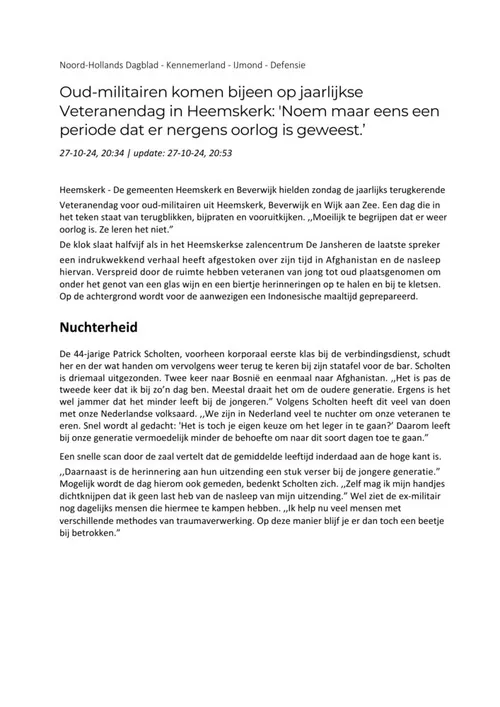 Online versie van het artikel in het Noord-Hollands Dagblad, pagina 1